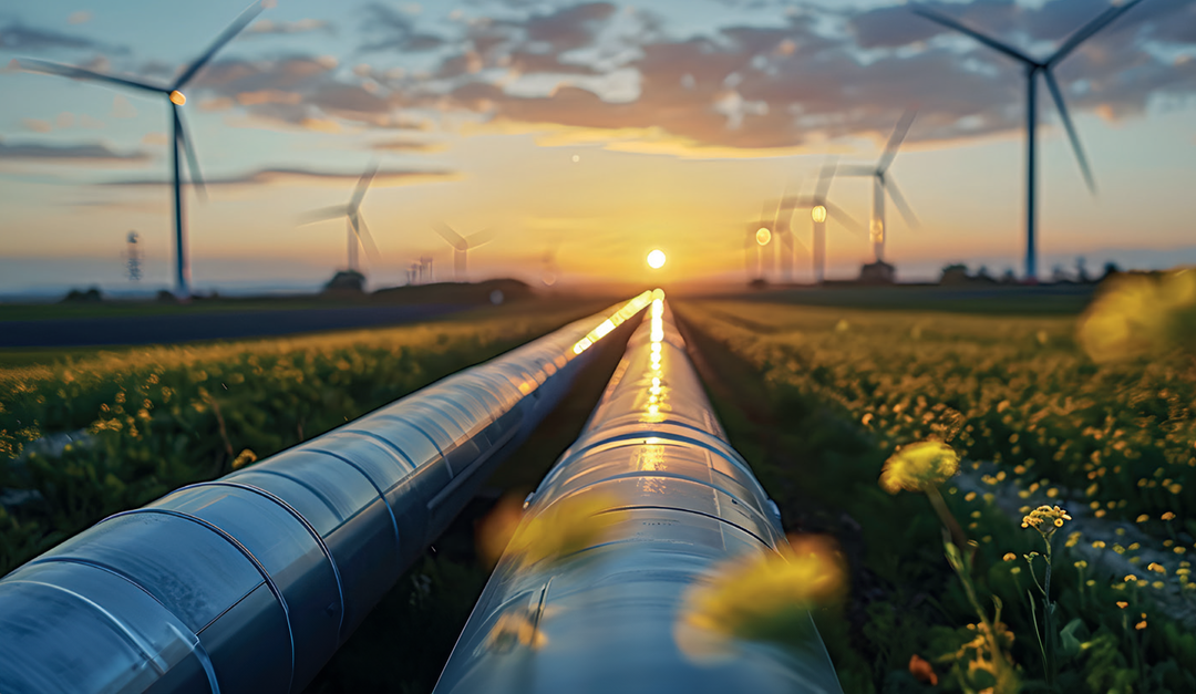 Pipelines run through a field. To the right and left are wind turbines.