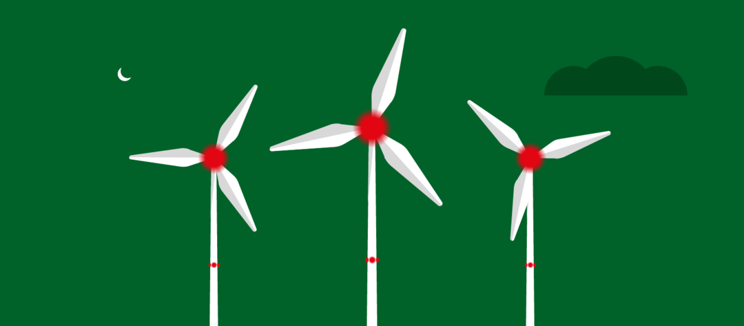 Illustration of three wind turbines with a night marking.