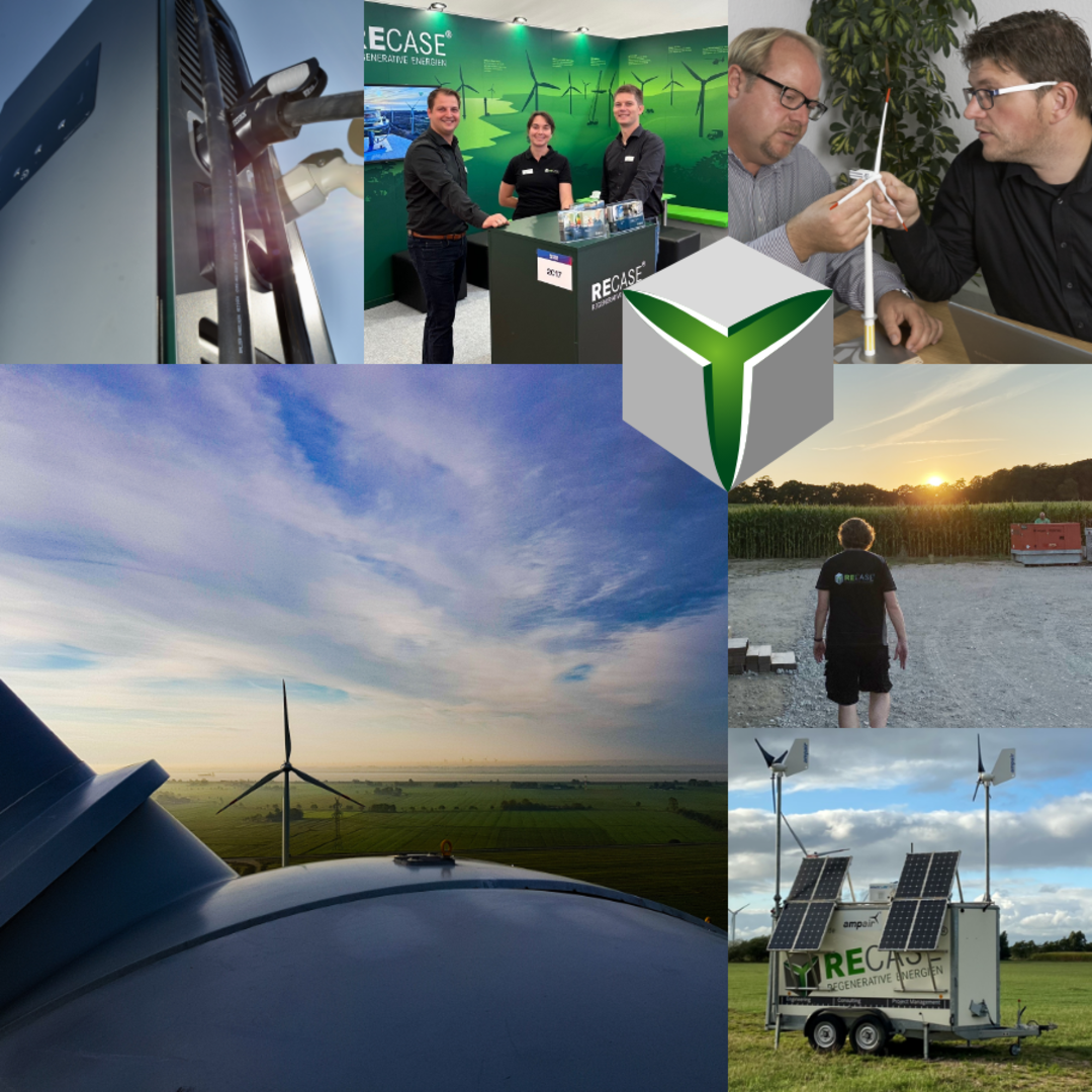 Collage with the RECASE logo and six photos of RECASE employees, a wind turbine and a photovoltaic system.