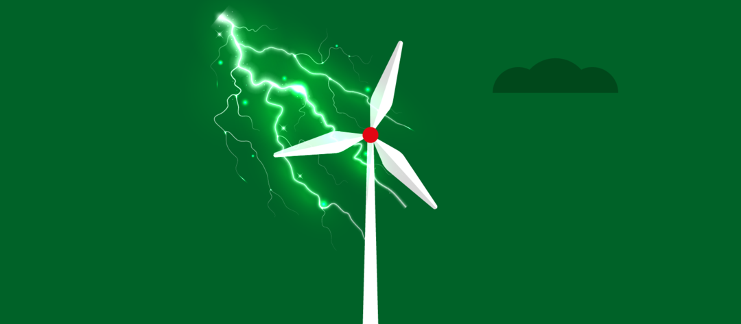 Illustration of a wind turbine and a lightning bolt.