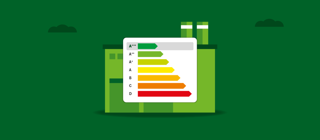 Illustration eines Gebäudes, davor eine Übersicht der Energieeffizienzklassen.