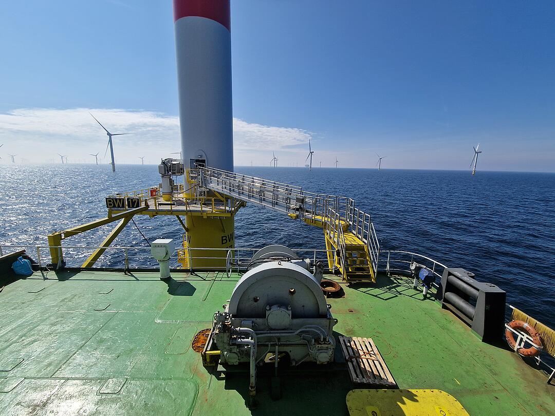 Working on a wind turbine at an offshore wind farm.