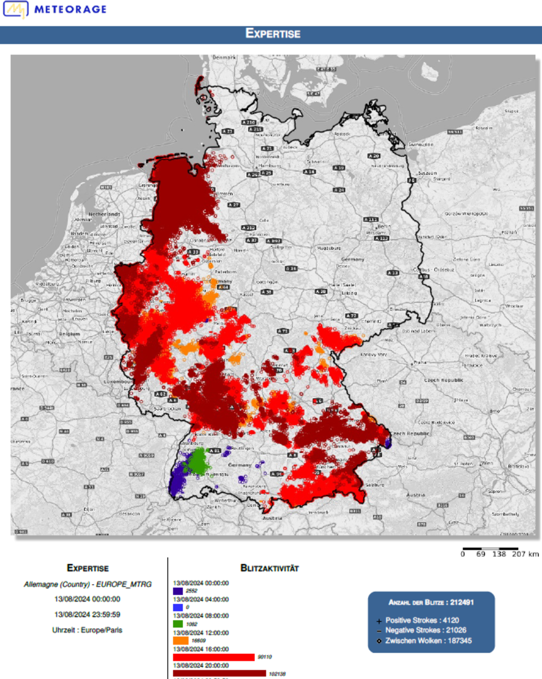 An analysis by Meteorage shows via a map of Germany that there was a very high level of lightning activity in western and southern Germany on August 13, 2024.