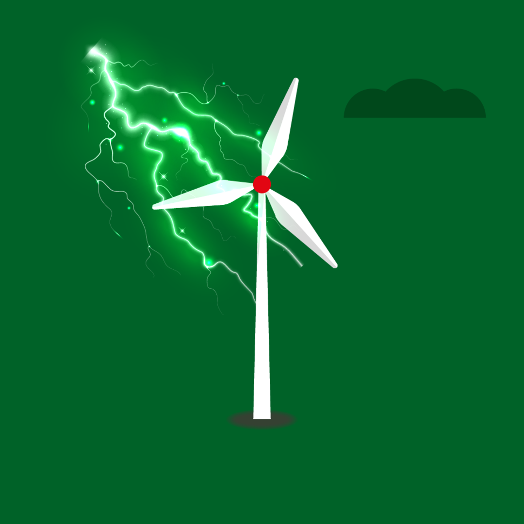 Illustration of a wind turbine and a lightning bolt.