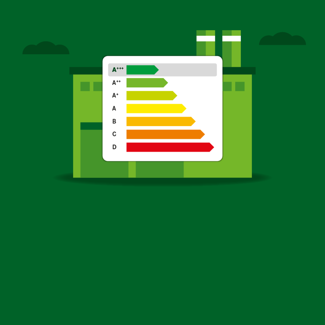 Illustration of a building, with an overview of the energy efficiency classes in front of it.