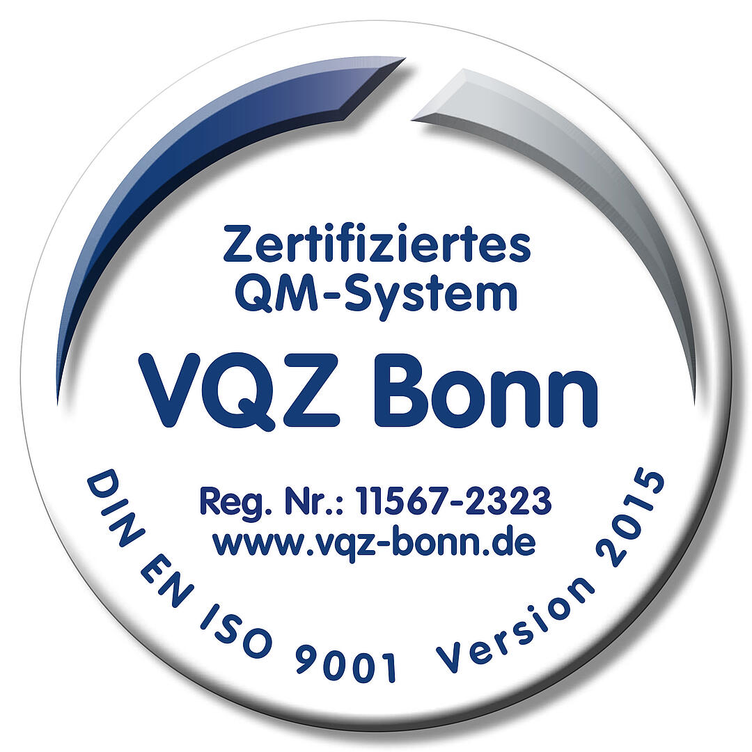 Logo der VQZ Bonn GmbH zur Zertifizierung nach DIN/ISO 9001.