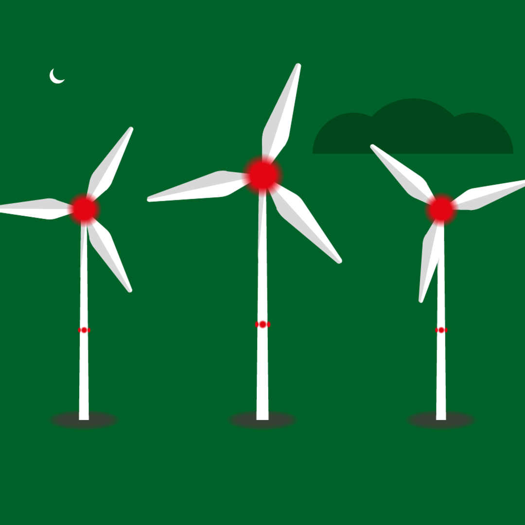 Illustration of three wind turbines with a night marking.